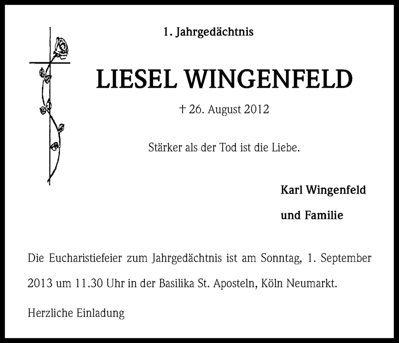  Traueranzeige für Liesel Wingenfeld vom 28.08.2013 aus Kölner Stadt-Anzeiger / Kölnische Rundschau / Express