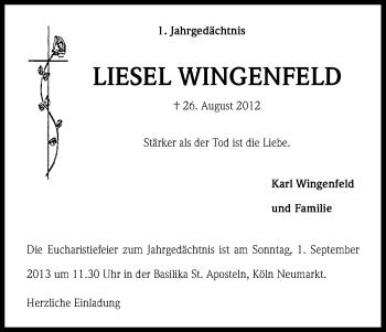 Anzeige von Liesel Wingenfeld von Kölner Stadt-Anzeiger / Kölnische Rundschau / Express