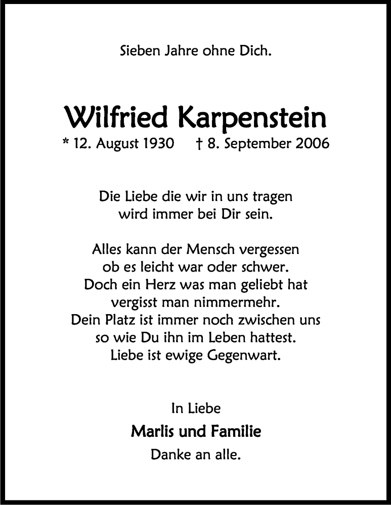  Traueranzeige für Wilfried Karpenstein vom 07.09.2013 aus Kölner Stadt-Anzeiger / Kölnische Rundschau / Express