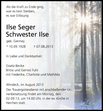 Anzeige von Ilse Seger von Kölner Stadt-Anzeiger / Kölnische Rundschau / Express