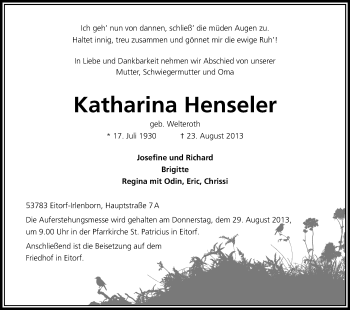 Anzeige von Katharina Henseler von Kölner Stadt-Anzeiger / Kölnische Rundschau / Express