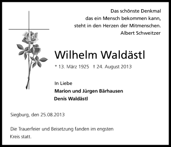 Anzeige von Wilhelm Waldästl von Kölner Stadt-Anzeiger / Kölnische Rundschau / Express