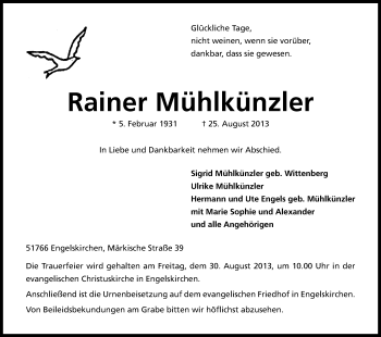 Anzeige von Rainer Mühlkünzler von Kölner Stadt-Anzeiger / Kölnische Rundschau / Express