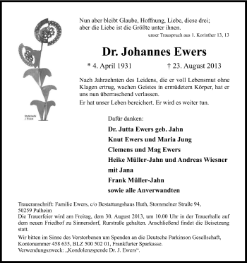 Anzeige von Johannes Ewers von Kölner Stadt-Anzeiger / Kölnische Rundschau / Express