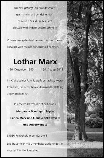 Anzeige von Lothar Marx von Kölner Stadt-Anzeiger / Kölnische Rundschau / Express