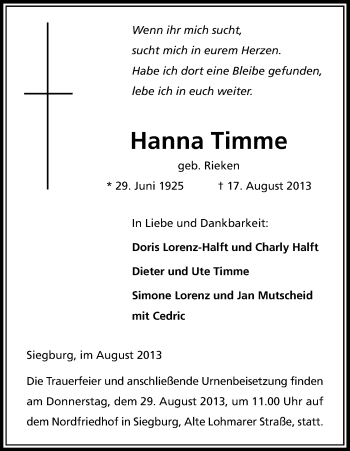 Anzeige von Hanna Timme von Kölner Stadt-Anzeiger / Kölnische Rundschau / Express
