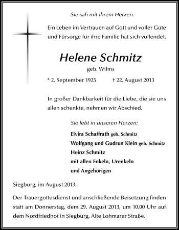 Anzeige von Helene Schmitz von Kölner Stadt-Anzeiger / Kölnische Rundschau / Express