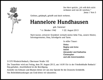 Anzeige von Hannelore Hundhausen von Kölner Stadt-Anzeiger / Kölnische Rundschau / Express