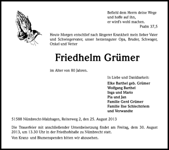 Anzeige von Friedhelm Grümer von Kölner Stadt-Anzeiger / Kölnische Rundschau / Express
