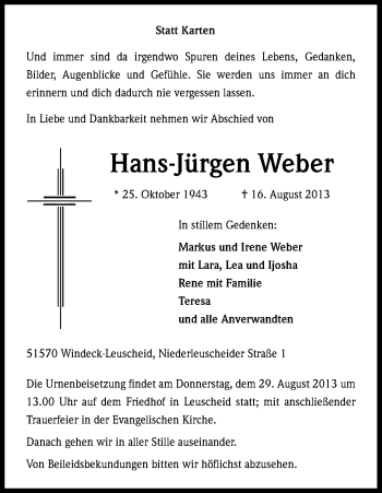 Anzeige von Hans-Jürgen Weber von Kölner Stadt-Anzeiger / Kölnische Rundschau / Express