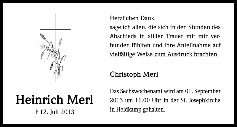  Traueranzeige für Heinrich Merl vom 28.08.2013 aus Kölner Stadt-Anzeiger / Kölnische Rundschau / Express