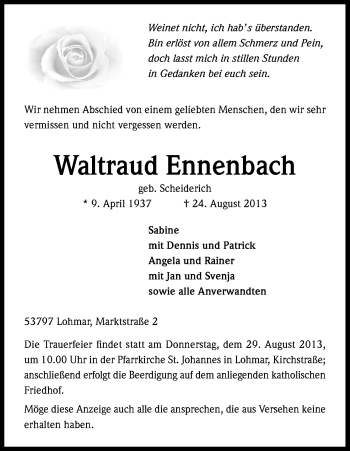 Anzeige von Waltraud Ennenbach von Kölner Stadt-Anzeiger / Kölnische Rundschau / Express