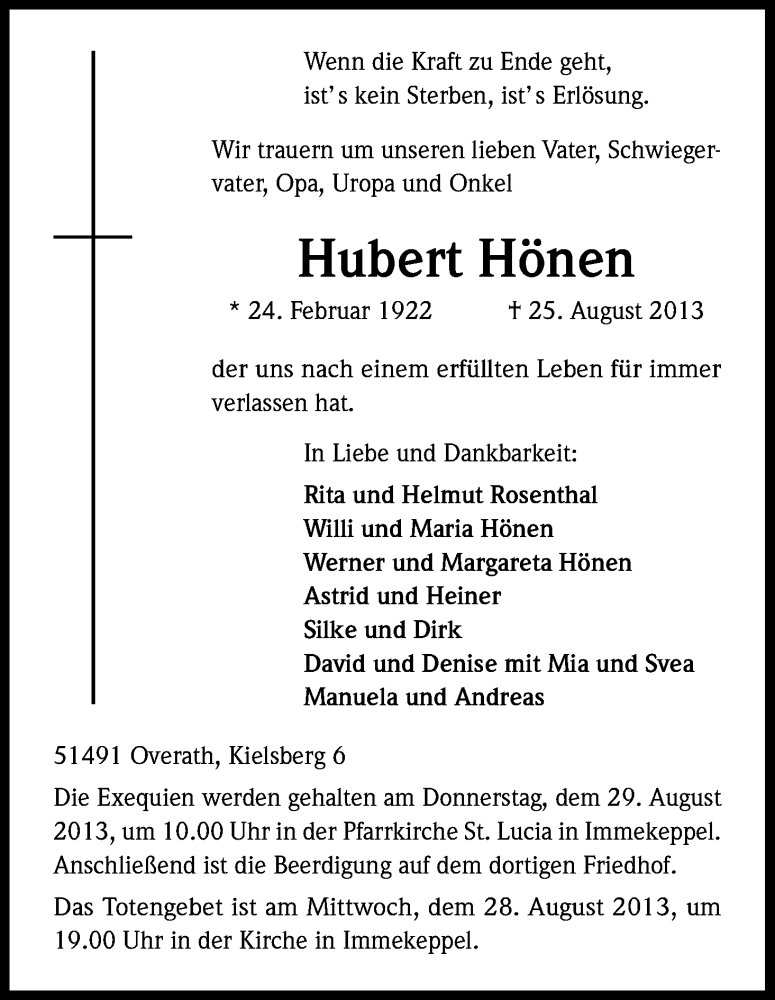  Traueranzeige für Hubert Hönen vom 27.08.2013 aus Kölner Stadt-Anzeiger / Kölnische Rundschau / Express