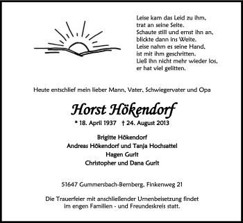Anzeige von Horst Hökendorf von Kölner Stadt-Anzeiger / Kölnische Rundschau / Express