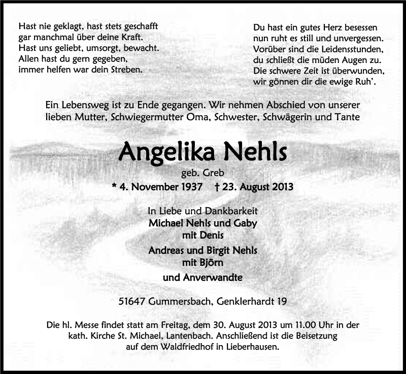  Traueranzeige für Angelika Nehls vom 27.08.2013 aus Kölner Stadt-Anzeiger / Kölnische Rundschau / Express