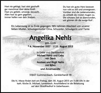 Anzeige von Angelika Nehls von Kölner Stadt-Anzeiger / Kölnische Rundschau / Express