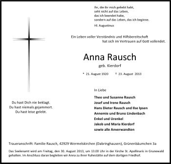 Anzeige von Anna Rausch von Kölner Stadt-Anzeiger / Kölnische Rundschau / Express
