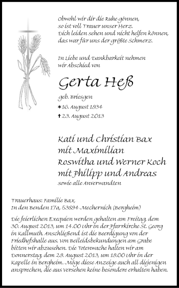 Anzeige von Gerta Heß von Kölner Stadt-Anzeiger / Kölnische Rundschau / Express