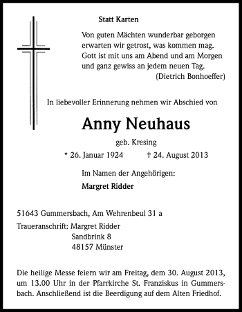 Anzeige von Anny Neuhaus von Kölner Stadt-Anzeiger / Kölnische Rundschau / Express