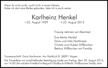 Anzeige von Karlheinz Henkel von Kölner Stadt-Anzeiger / Kölnische Rundschau / Express