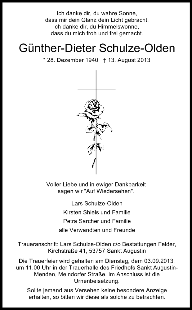  Traueranzeige für Günther-Dieter Schulze-Oden vom 27.08.2013 aus Kölner Stadt-Anzeiger / Kölnische Rundschau / Express