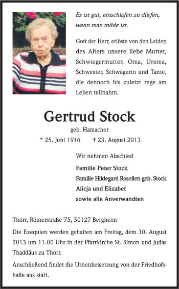 Anzeige von Gertrud Stock von Köln - Wir Trauern