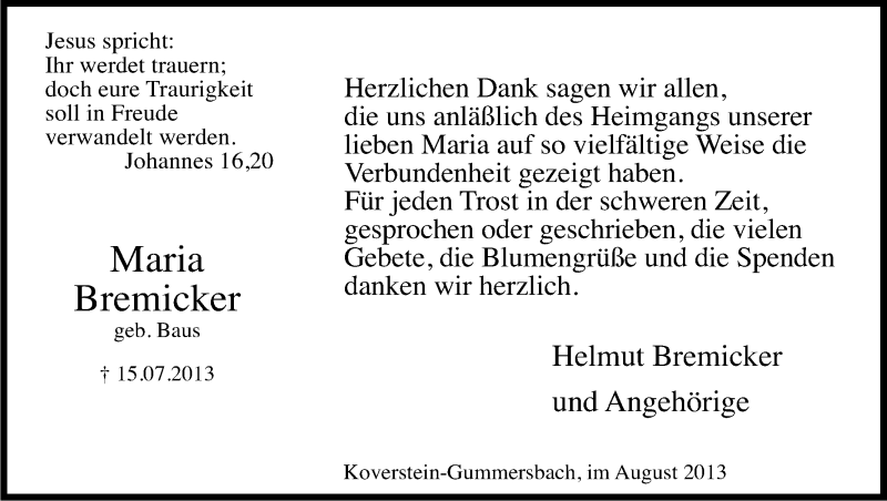  Traueranzeige für Maria Bremicker vom 28.08.2013 aus Kölner Stadt-Anzeiger / Kölnische Rundschau / Express