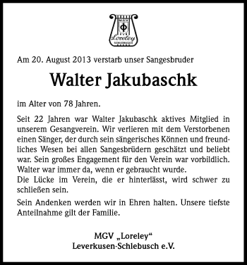 Anzeige von Walter Jakubaschk von Kölner Stadt-Anzeiger / Kölnische Rundschau / Express