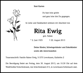 Anzeige von Rita Ewig von Kölner Stadt-Anzeiger / Kölnische Rundschau / Express
