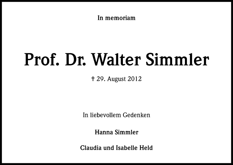  Traueranzeige für Walter Simmler vom 29.08.2013 aus Kölner Stadt-Anzeiger / Kölnische Rundschau / Express