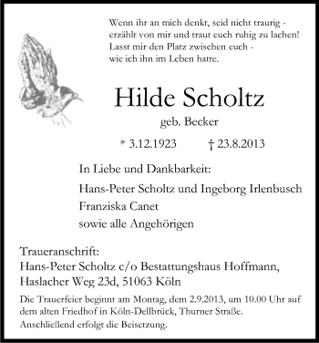 Anzeige von Hilde Scholtz von Kölner Stadt-Anzeiger / Kölnische Rundschau / Express