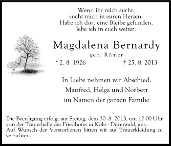 Anzeige von Magdalena Bernardy von Kölner Stadt-Anzeiger / Kölnische Rundschau / Express