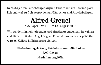 Anzeige von Alfred Greuel von Kölner Stadt-Anzeiger / Kölnische Rundschau / Express
