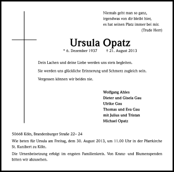 Anzeige von Ursula Opatz von Kölner Stadt-Anzeiger / Kölnische Rundschau / Express