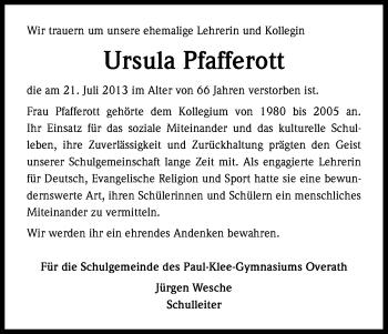Anzeige von Ursula Pfafferott von Kölner Stadt-Anzeiger / Kölnische Rundschau / Express
