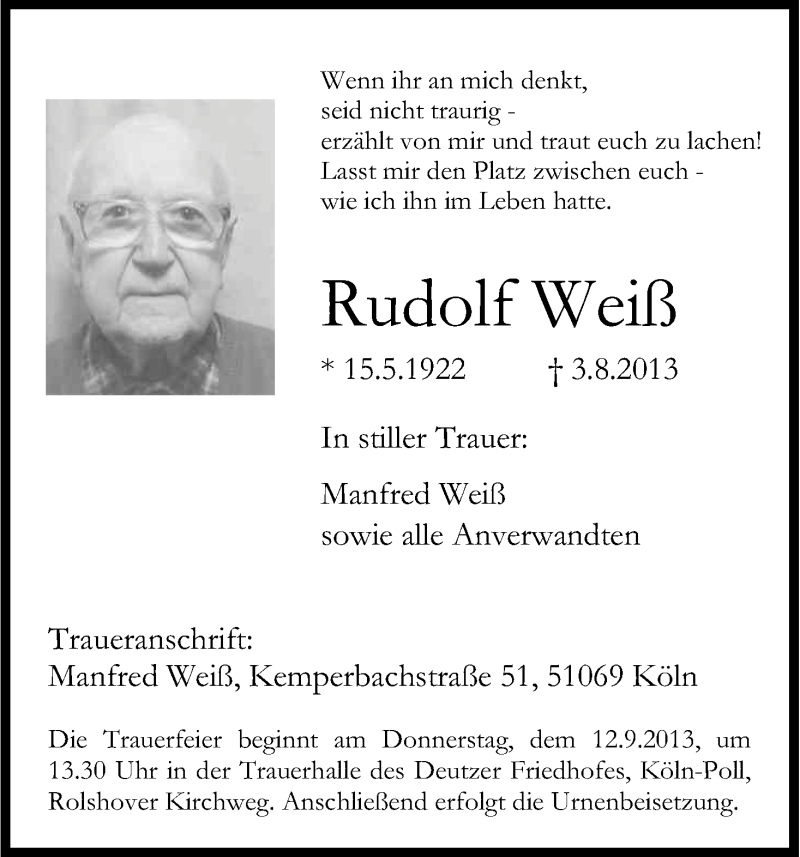  Traueranzeige für Rudolf Weiß vom 07.09.2013 aus Kölner Stadt-Anzeiger / Kölnische Rundschau / Express