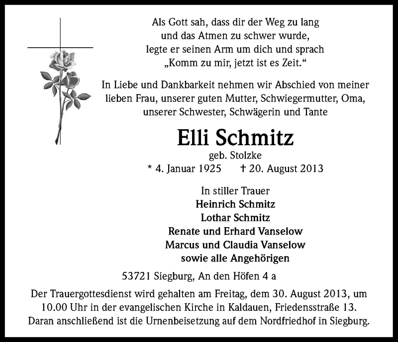  Traueranzeige für Elli Schmitz vom 28.08.2013 aus Kölner Stadt-Anzeiger / Kölnische Rundschau / Express