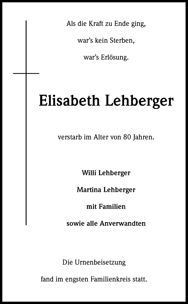  Traueranzeige für Elisabeth Lehberger vom 28.08.2013 aus Kölner Stadt-Anzeiger / Kölnische Rundschau / Express
