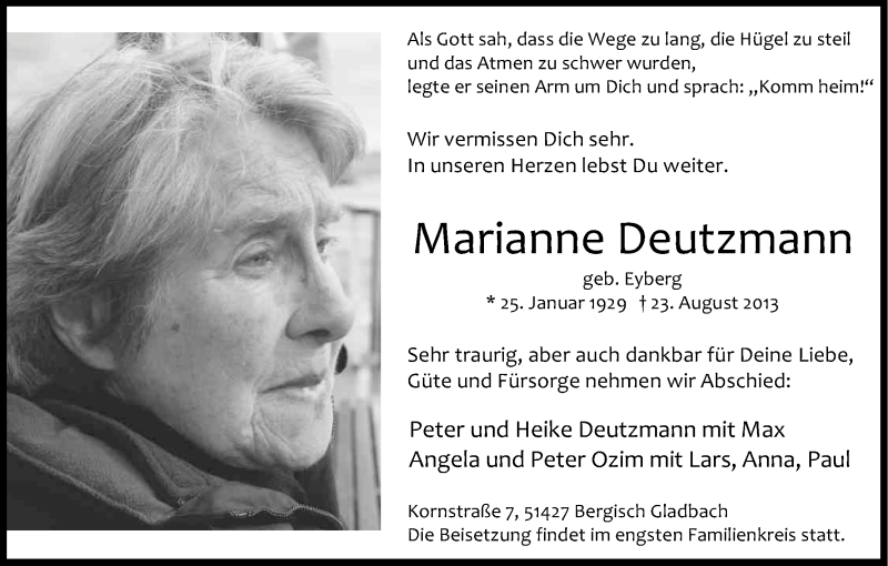  Traueranzeige für Marianne Deutzmann vom 31.08.2013 aus Kölner Stadt-Anzeiger / Kölnische Rundschau / Express