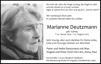Anzeige von Marianne Deutzmann von Kölner Stadt-Anzeiger / Kölnische Rundschau / Express
