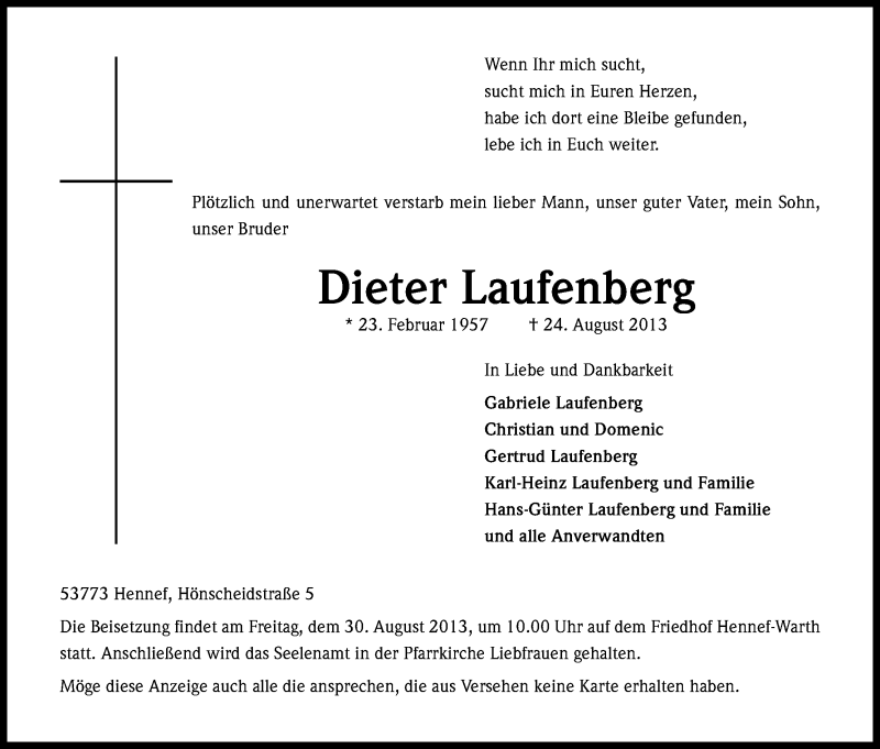  Traueranzeige für Dieter Laufenberg vom 28.08.2013 aus Kölner Stadt-Anzeiger / Kölnische Rundschau / Express
