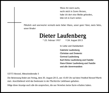 Anzeige von Dieter Laufenberg von Kölner Stadt-Anzeiger / Kölnische Rundschau / Express