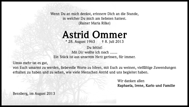  Traueranzeige für Astrid Ommer vom 28.08.2013 aus Kölner Stadt-Anzeiger / Kölnische Rundschau / Express