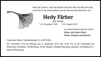 Anzeige von Hedy Färber von Kölner Stadt-Anzeiger / Kölnische Rundschau / Express