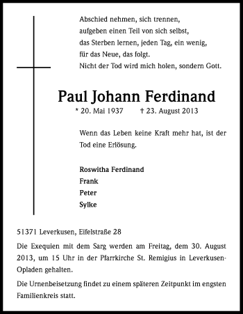 Anzeige von Paul Johann Ferdinand von Kölner Stadt-Anzeiger / Kölnische Rundschau / Express