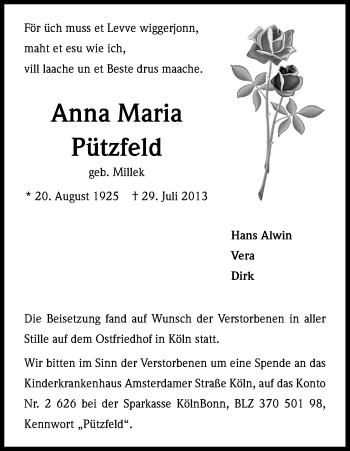 Anzeige von Anna Maria Pützfeld von Kölner Stadt-Anzeiger / Kölnische Rundschau / Express