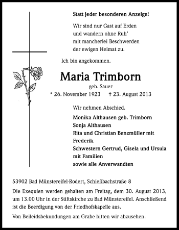 Anzeige von Maria Trimborn von Kölner Stadt-Anzeiger / Kölnische Rundschau / Express