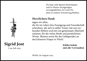 Anzeige von Sigrid Jost von Kölner Stadt-Anzeiger / Kölnische Rundschau / Express
