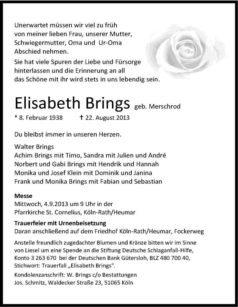 Traueranzeige für Elisabeth Brings vom 31.08.2013 aus Kölner Stadt-Anzeiger / Kölnische Rundschau / Express