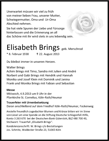 Anzeige von Elisabeth Brings von Kölner Stadt-Anzeiger / Kölnische Rundschau / Express